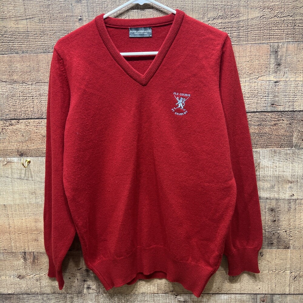 Pure Lambswool Old Course St Andrews Mens Red V Neck Sweater Size Small